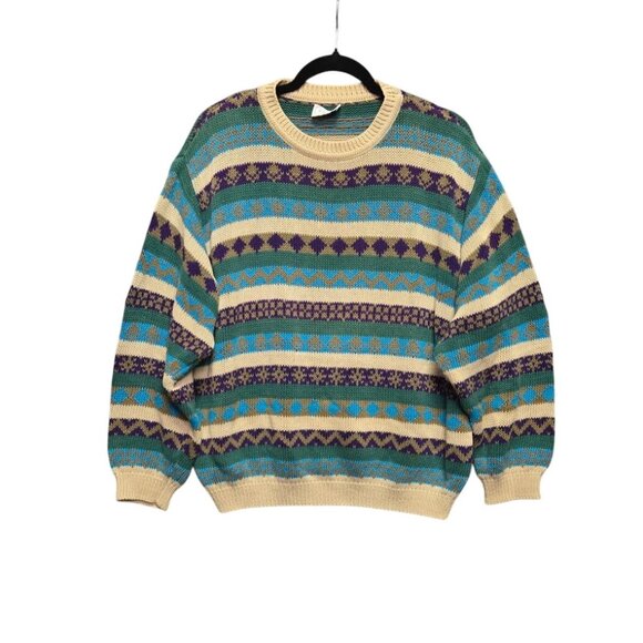 Vintage Fair Isle Grandpa Sweater 80s Benetton Ireland Striped Crewneck Sweater - Picture 1 of 8